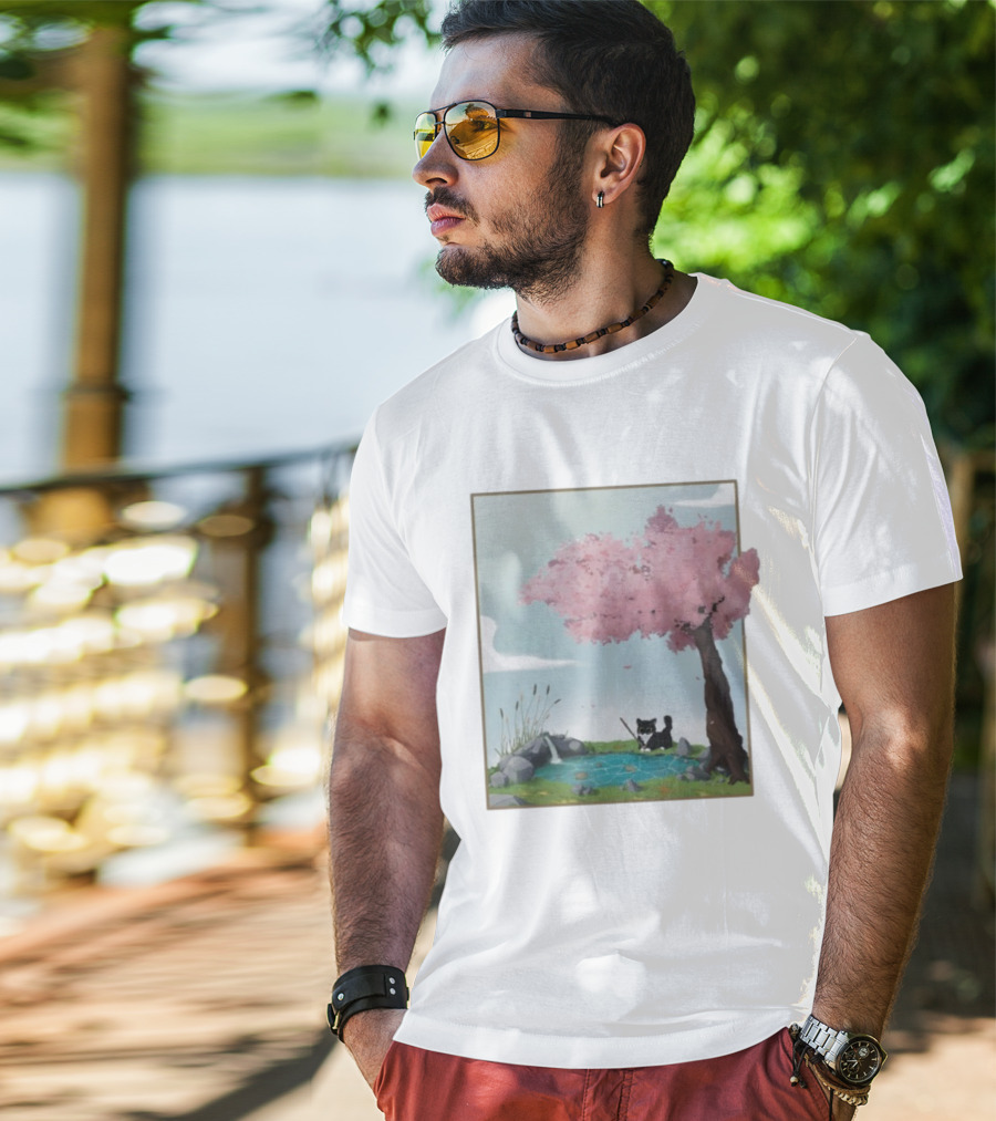 Cherry Blossom Cat Fishing By Tranquil Pond T-Shirt