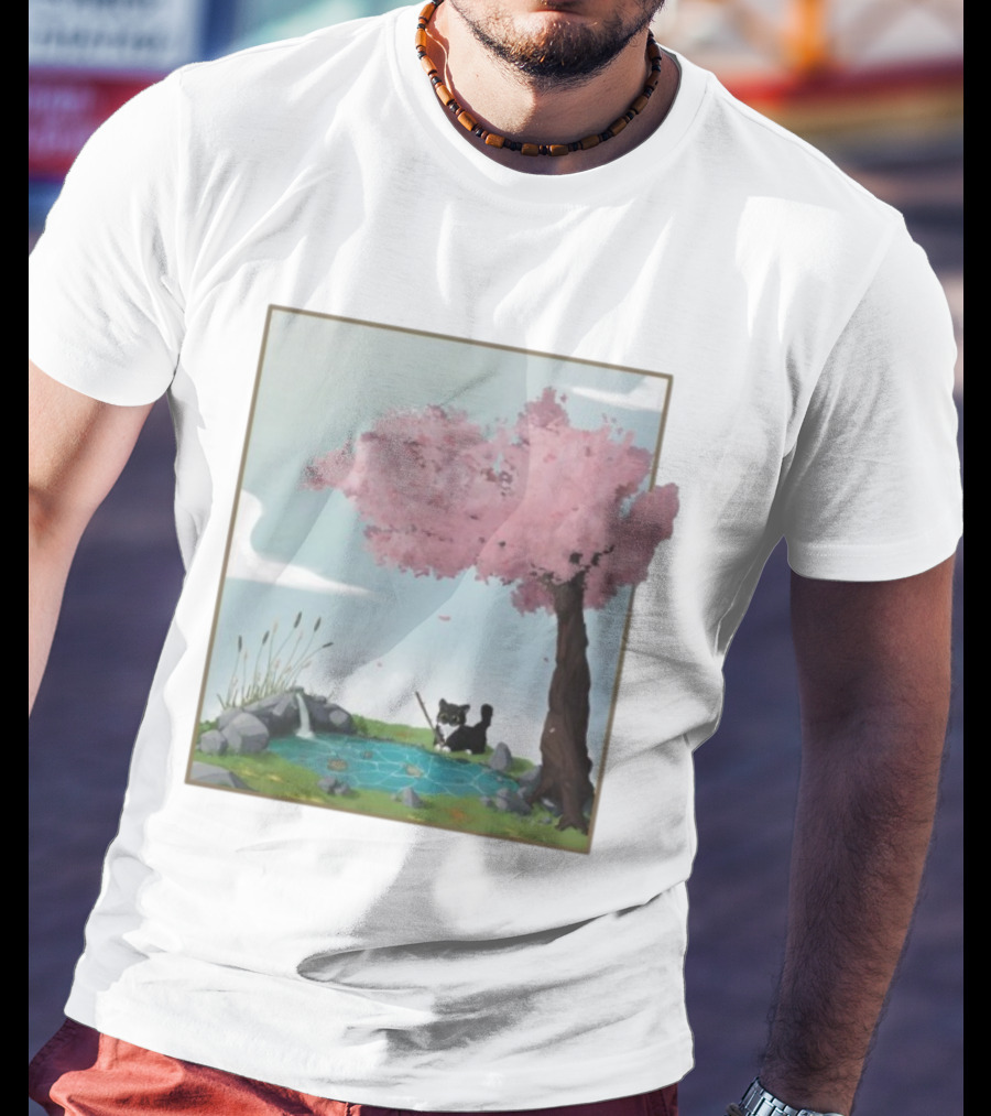 Cherry Blossom Cat Fishing By Tranquil Pond T-Shirt