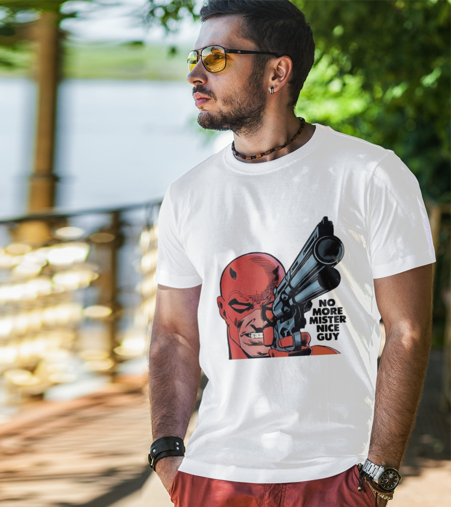 No More Mister Nice Guy Devil With Gun Retro Comic Style T-Shirt