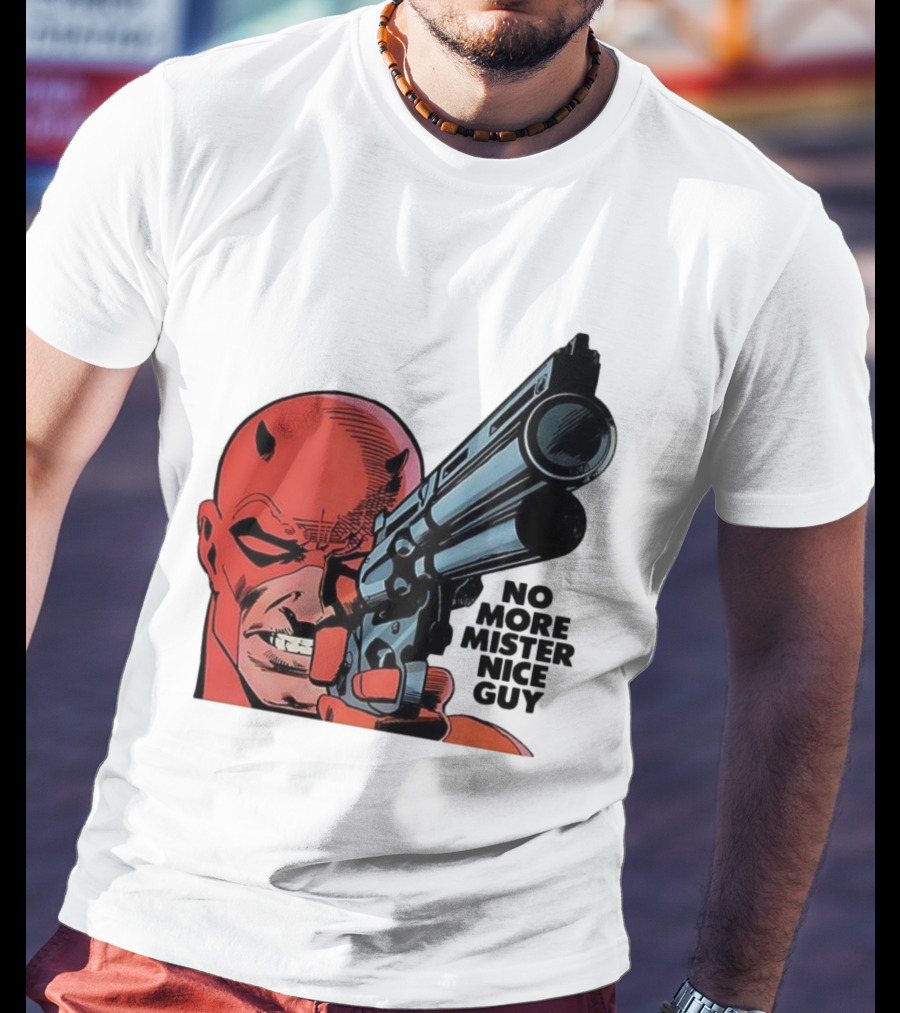 No More Mister Nice Guy Devil With Gun Retro Comic Style T-Shirt