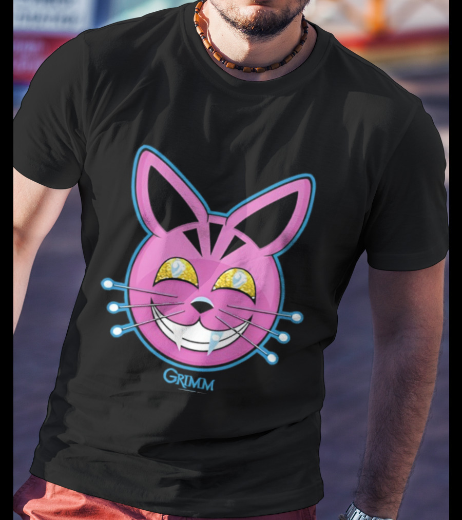 Grimm Retchid Kat Pink Cartoon Face With Yellow Eyes And Blue Whiskers T-Shirt