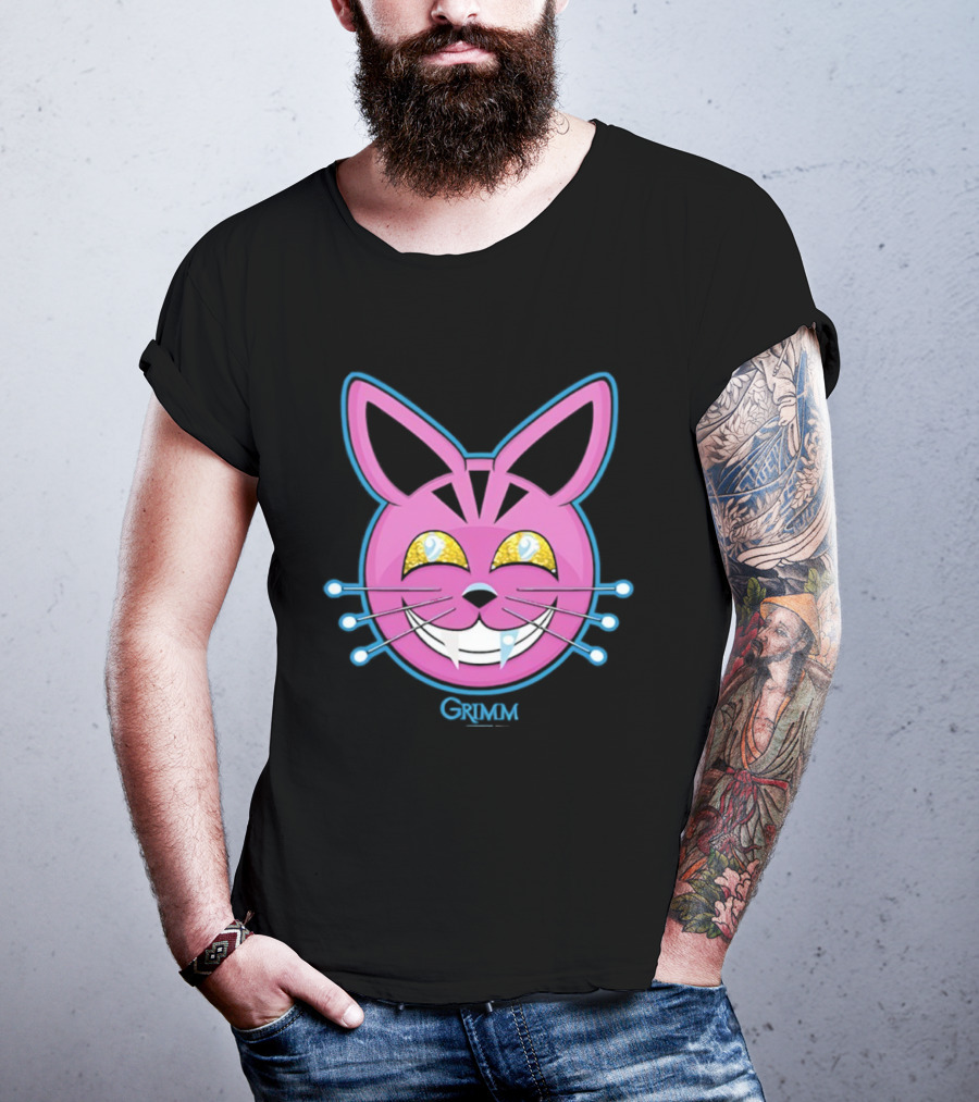 Grimm Retchid Kat Pink Cartoon Face With Yellow Eyes And Blue Whiskers T-Shirt