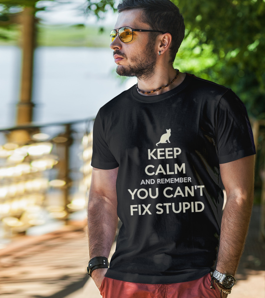 Keep Calm And Remember You Can't Fix Stupid Cat Silhouette T-Shirt