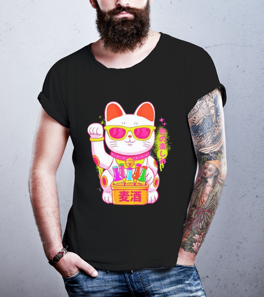 Lucky Maneki Neko With Sunglasses And Colorful Drinks T-Shirt