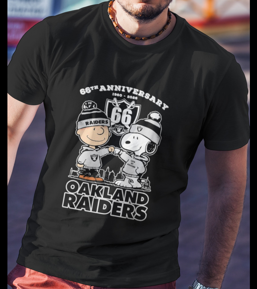 Snoopy And Charlie Brown Oakland Raiders 66th Anniversary 1960-2026 T-Shirt