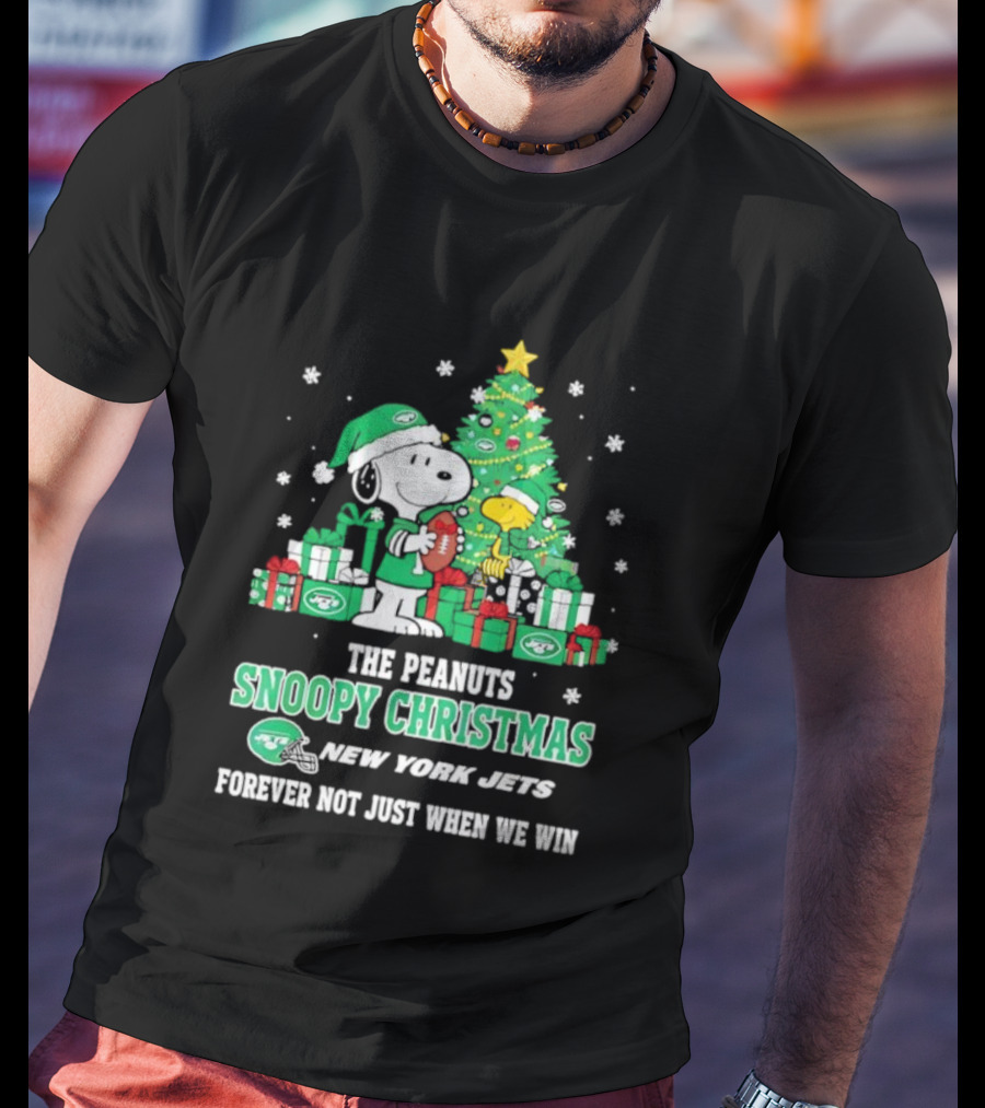 The Peanuts Snoopy Christmas New York Jets Forever Not Just When We Win Football Tree Holiday Theme T-Shirt