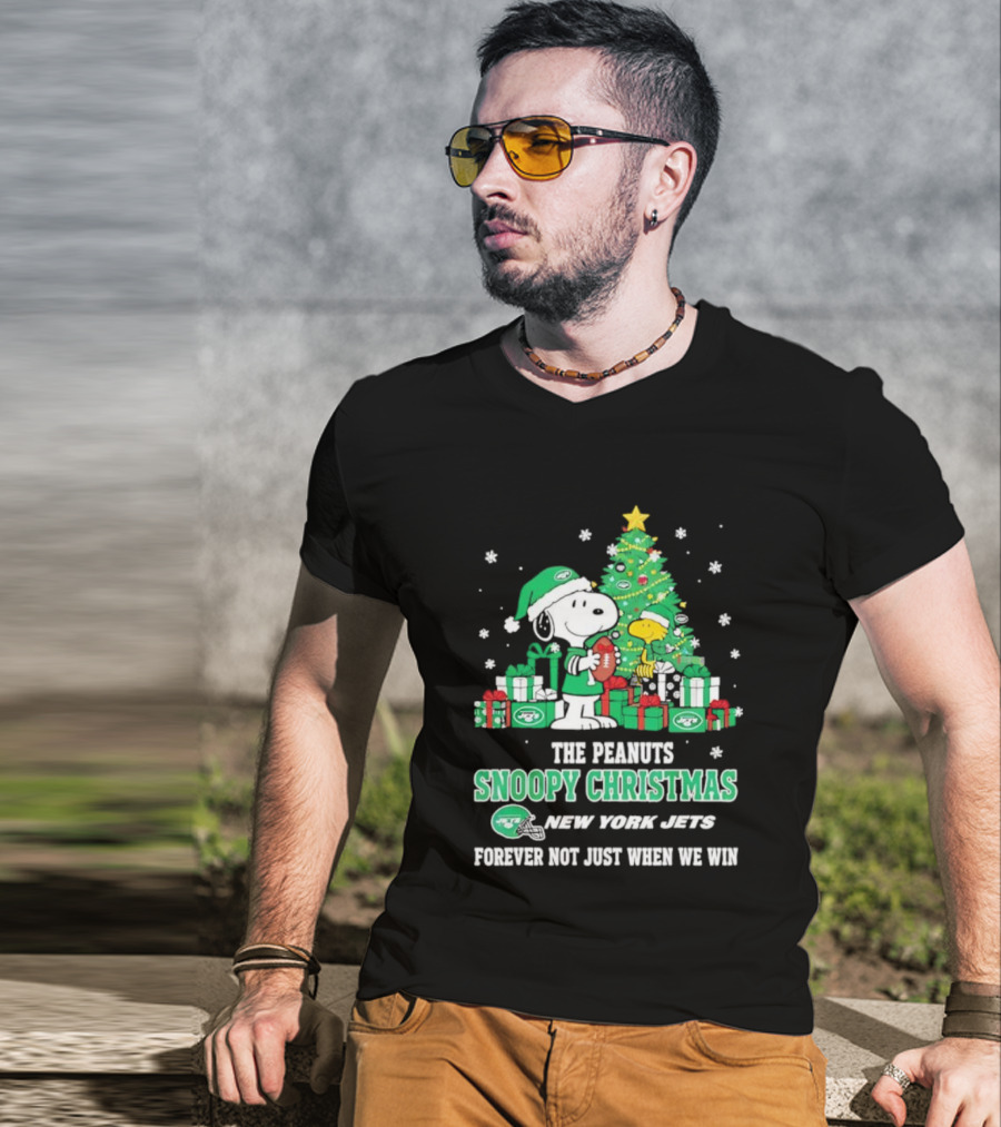 The Peanuts Snoopy Christmas New York Jets Forever Not Just When We Win Football Tree Holiday Theme T-Shirt