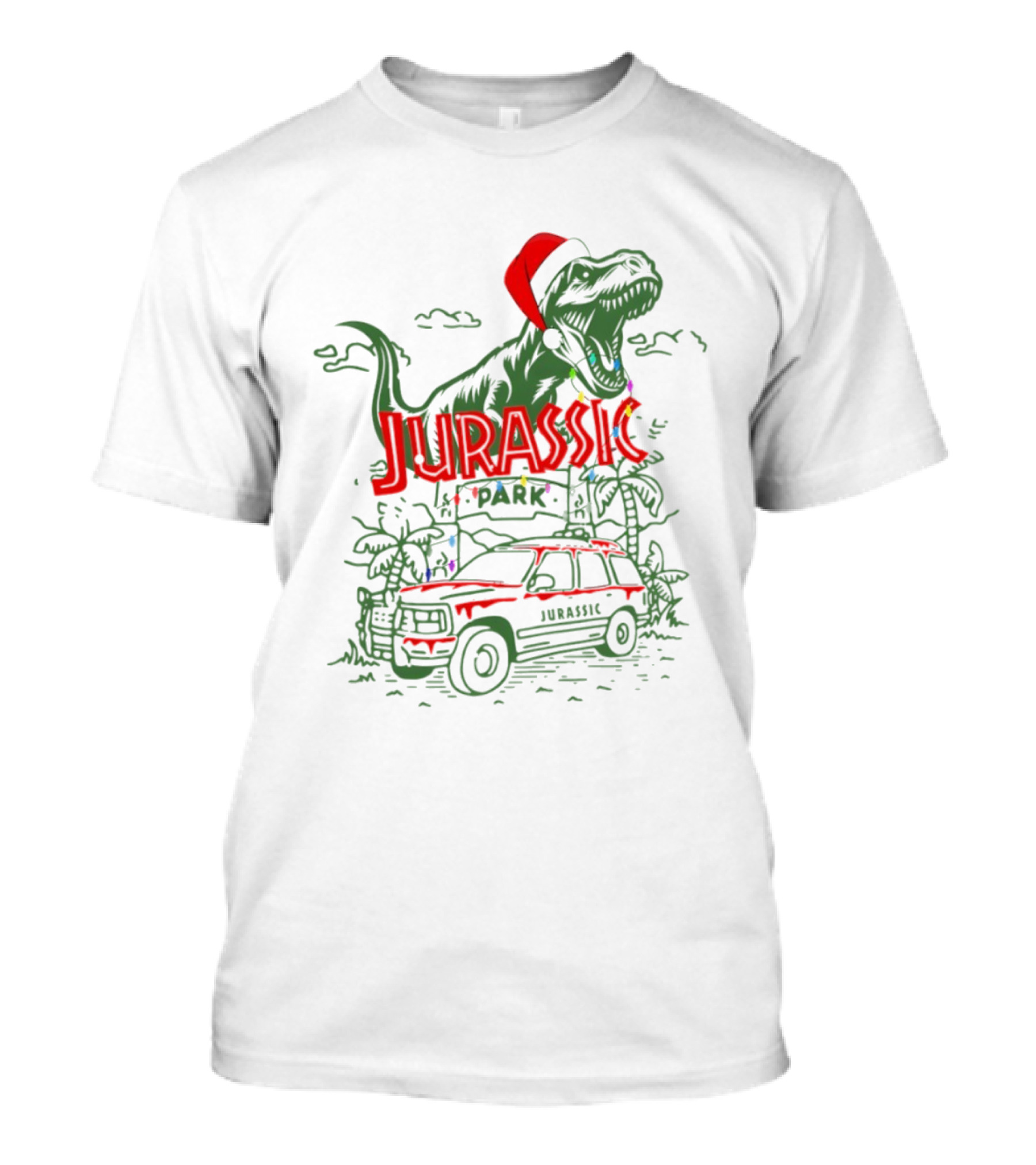Jurassic Park Santa Dinosaur Merry Christmas T-Rex Holiday Lights T-Shirt