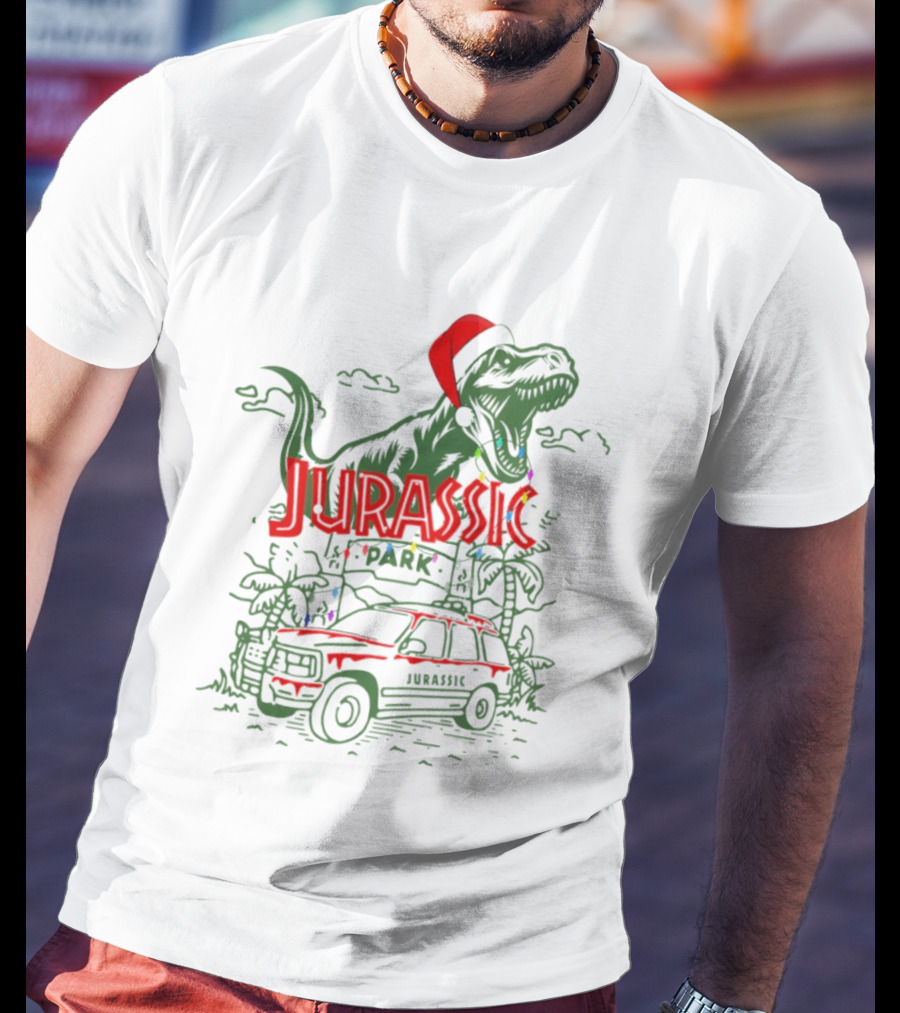 Jurassic Park Santa Dinosaur Merry Christmas T-Rex Holiday Lights T-Shirt