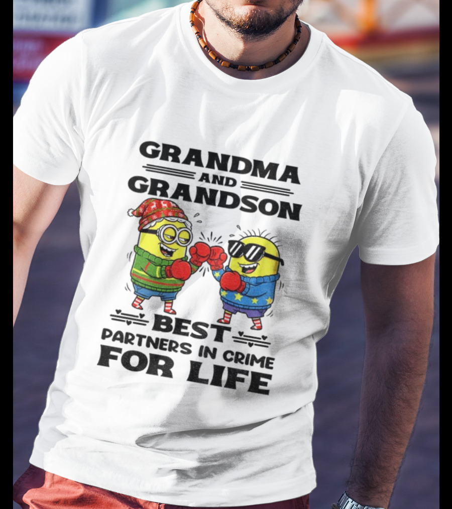 Grandma Grandson Best Partners In Crime For Life Christmas Minions T-Shirt
