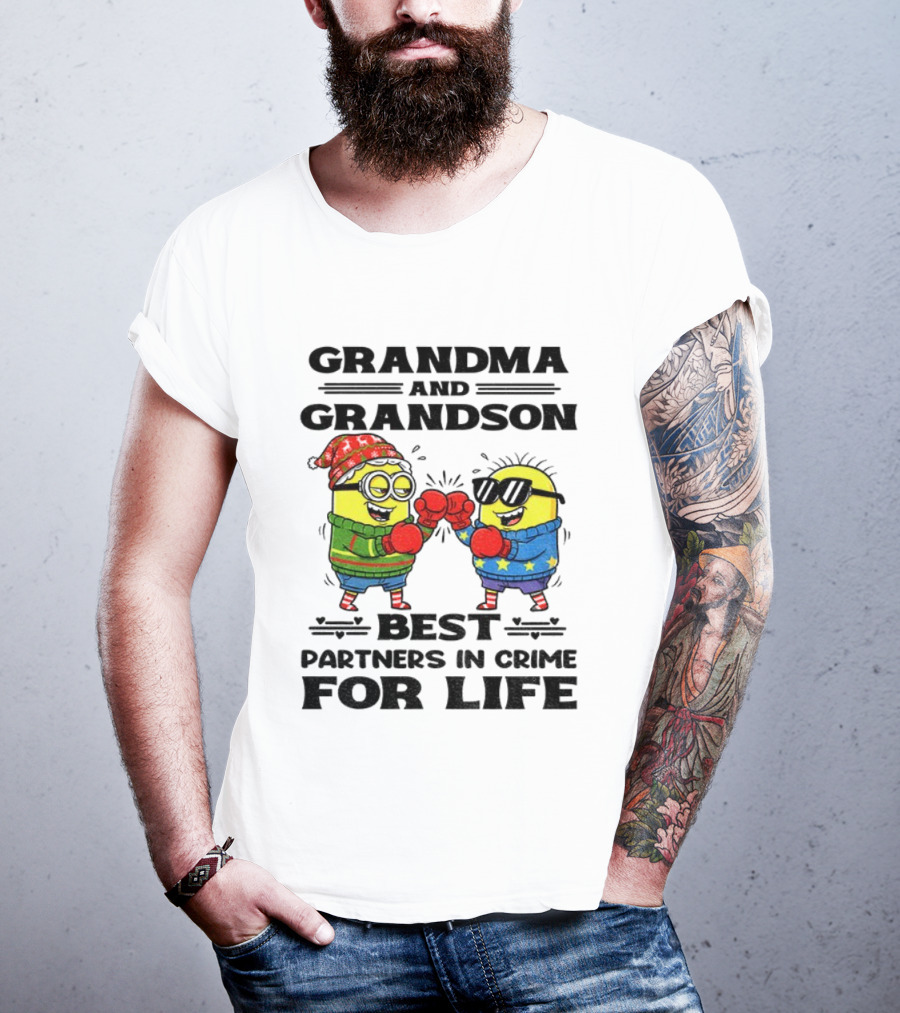 Grandma Grandson Best Partners In Crime For Life Christmas Minions T-Shirt
