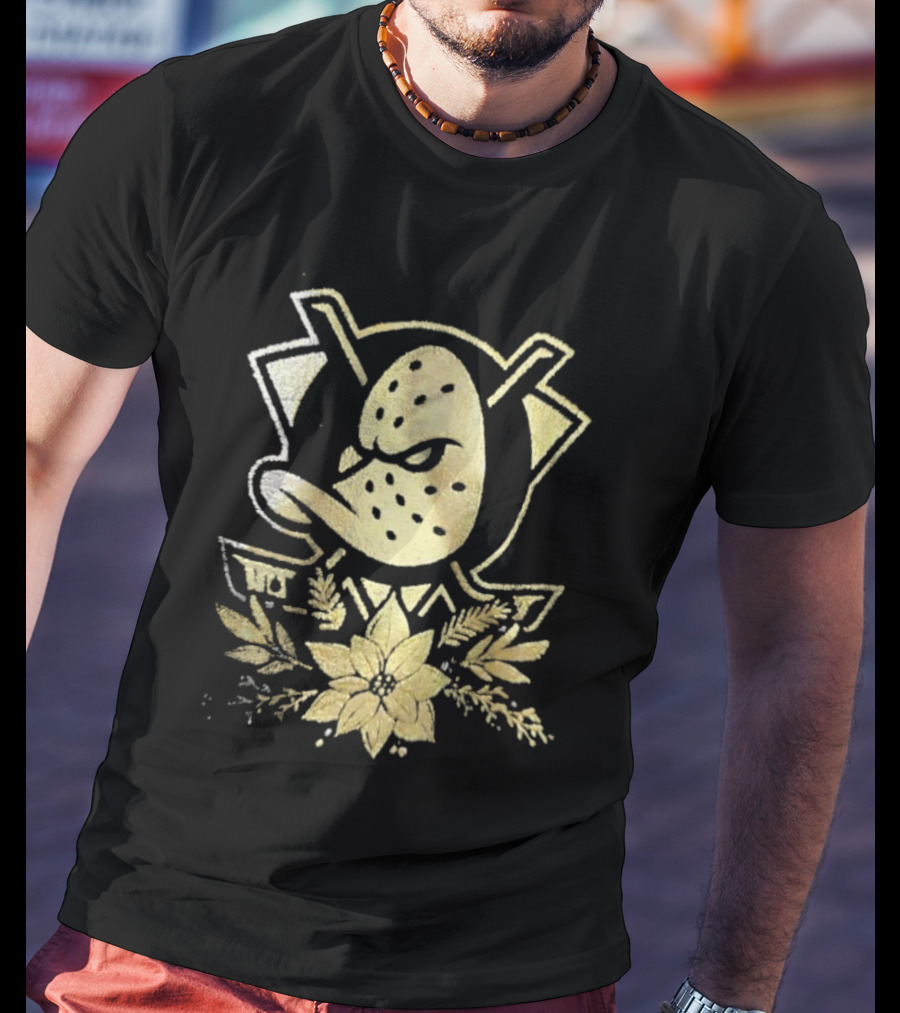 Anaheim Mighty Ducks Gold Holiday Hockey Logo With Festive Flowers T-Shirt