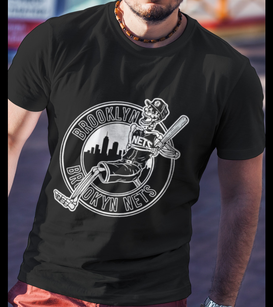 Brooklyn Nets Skeleton Player Baseball Crossover Cityscape T-Shirt