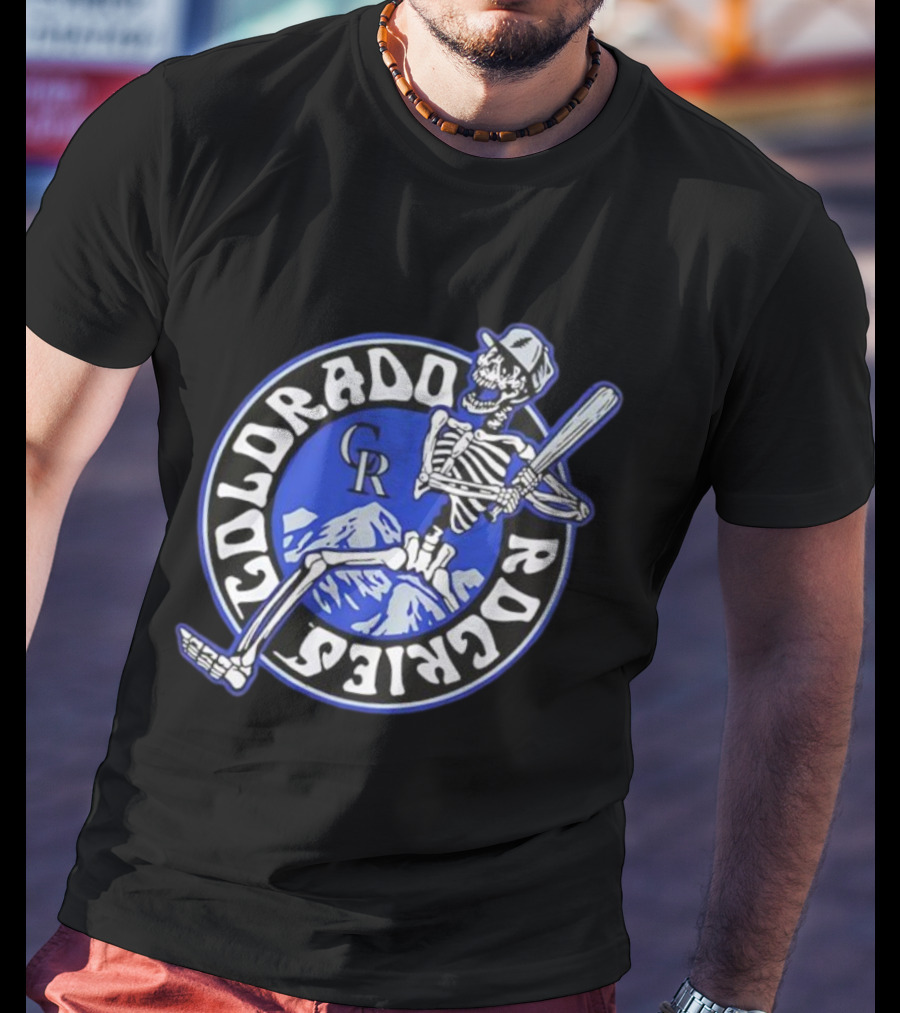 Colorado Rockies Skeleton Player CR Batting Scene Rockies Mountains Circle T-Shirt