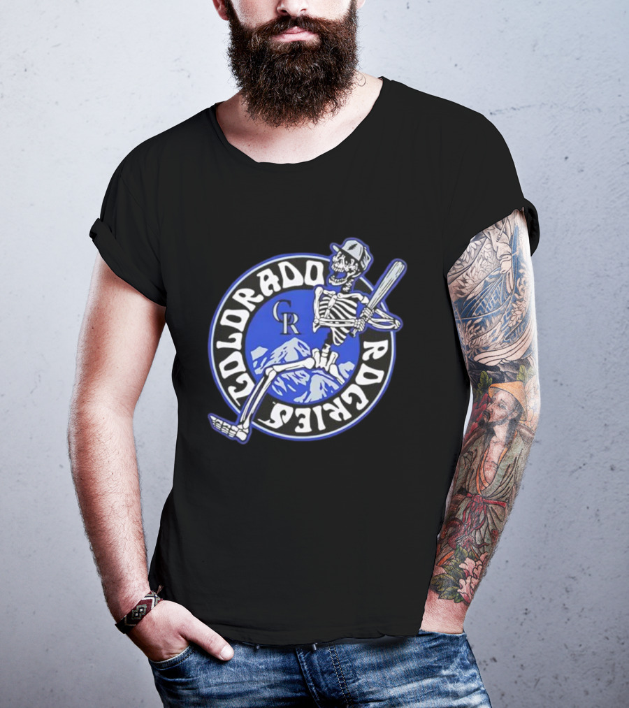 Colorado Rockies Skeleton Player CR Batting Scene Rockies Mountains Circle T-Shirt