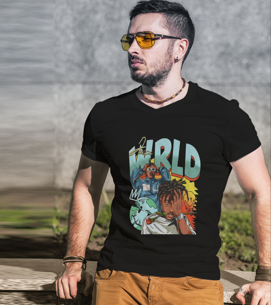 Juice WRLD Cartoon Style World Globe Rose Artwork T-Shirt