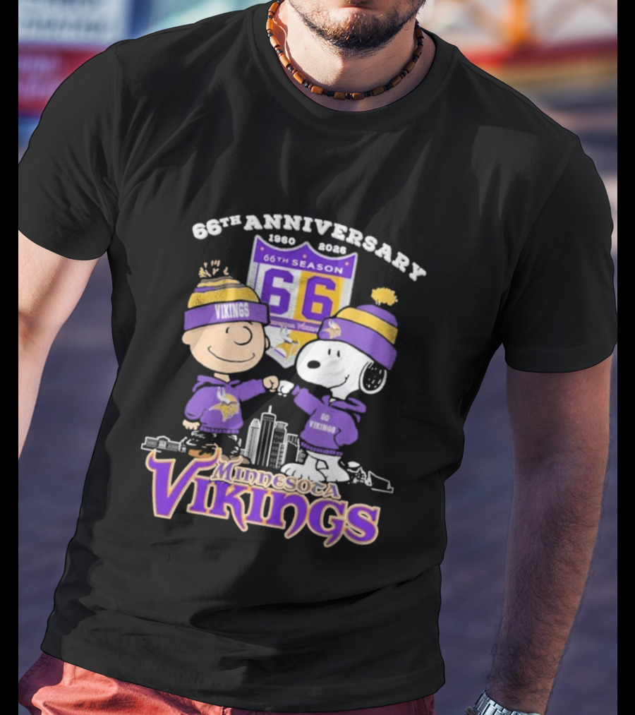 Snoopy Charlie Brown Peanuts Minnesota Vikings 66th Anniversary 1960-2026 T-Shirt