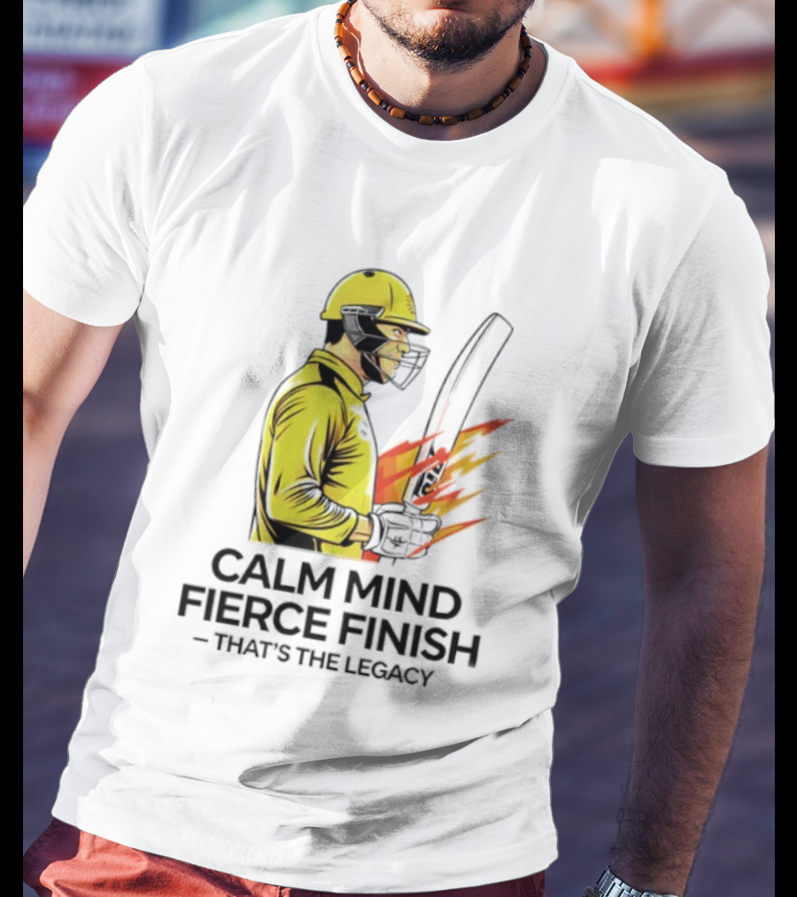 Calm Mind Fierce Finish Cricket Legacy Yellow Helmet Bat Flames T-Shirt
