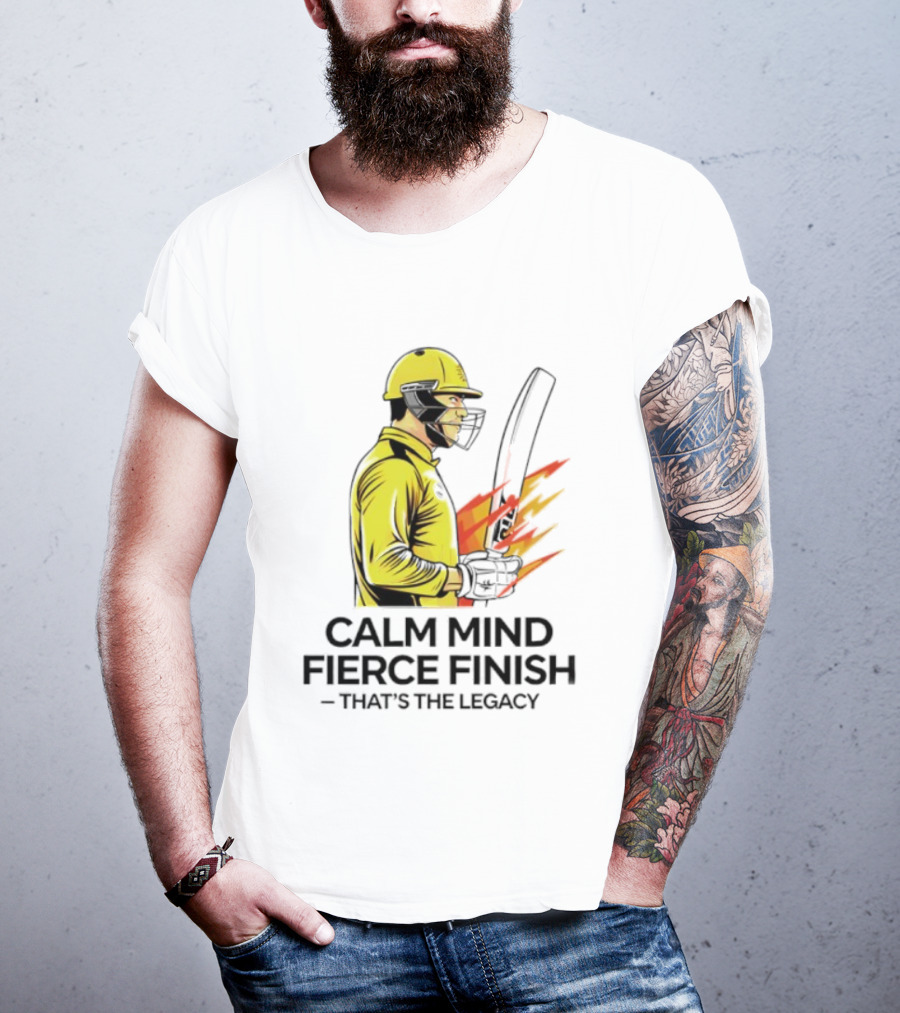 Calm Mind Fierce Finish Cricket Legacy Yellow Helmet Bat Flames T-Shirt