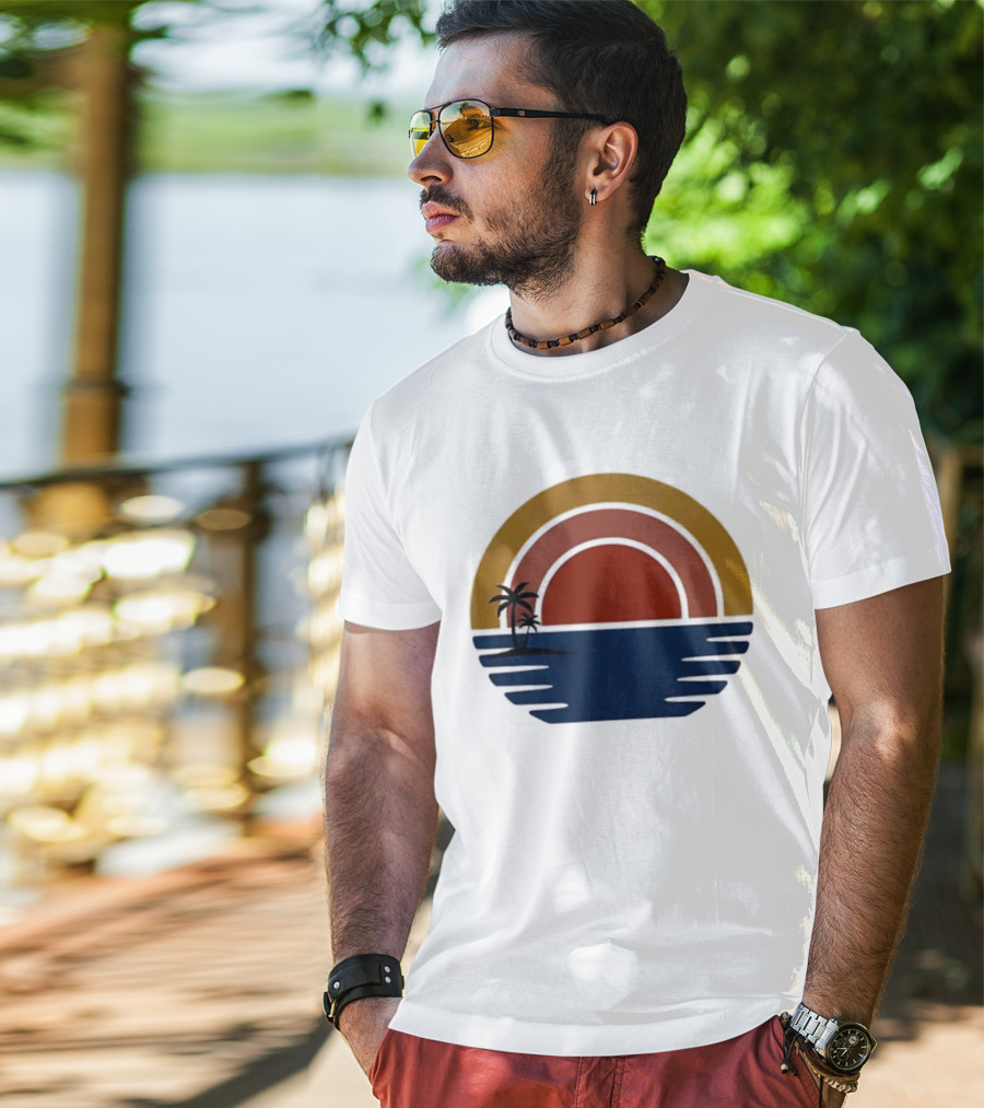 Retro Minimalist Sunset With Palm Trees And Ocean Waves T-Shirt