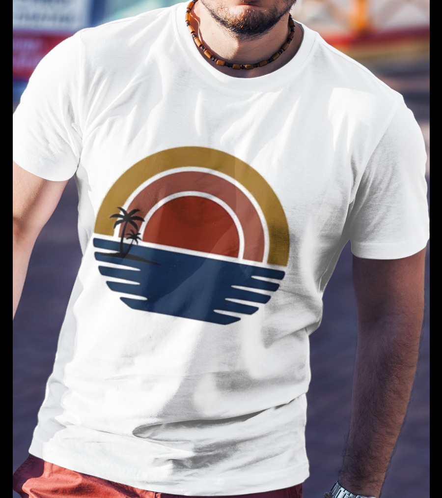 Retro Minimalist Sunset With Palm Trees And Ocean Waves T-Shirt