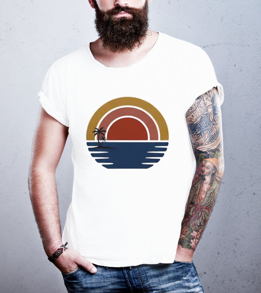 Retro Minimalist Sunset With Palm Trees And Ocean Waves T-Shirt