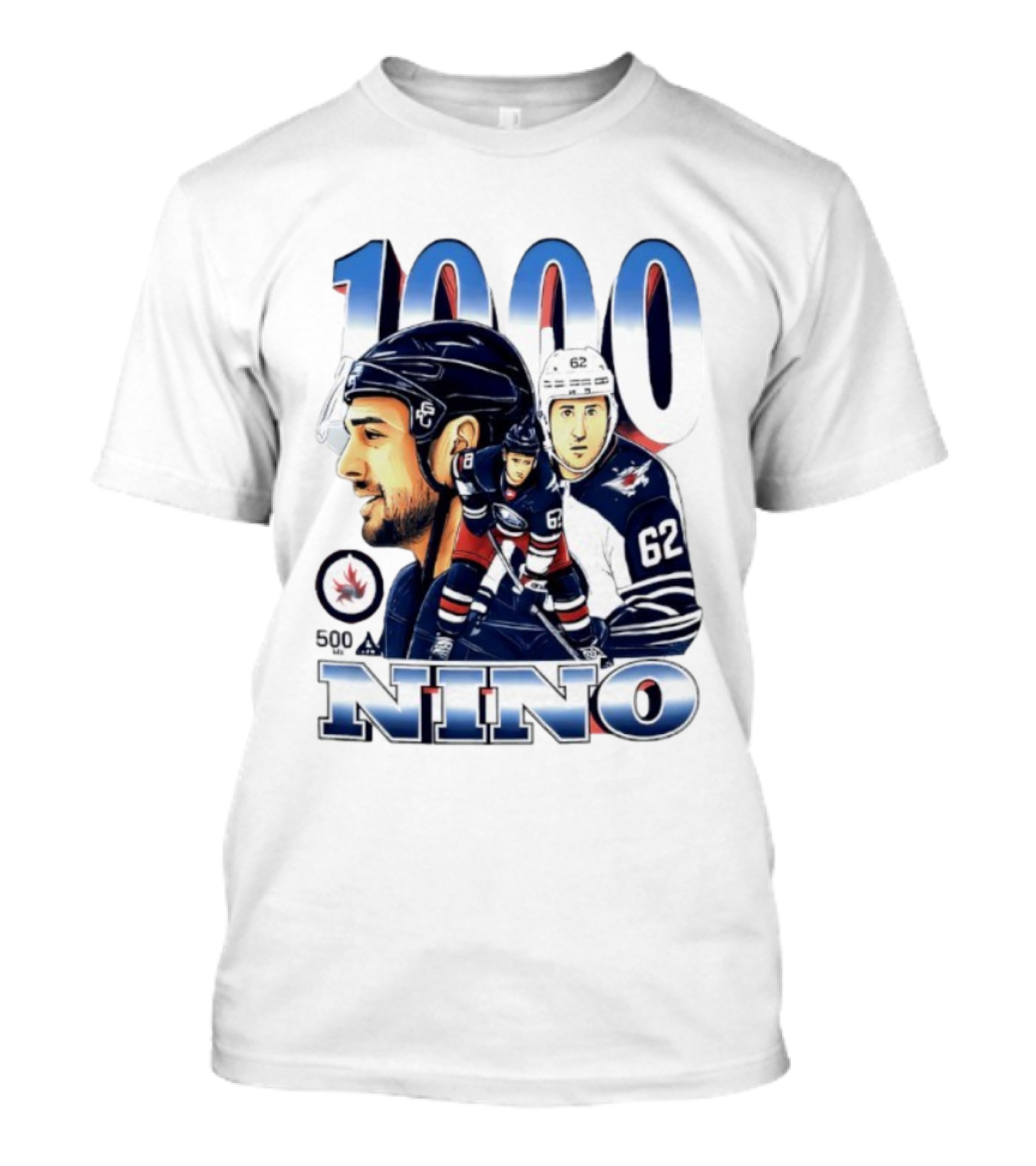 Nino 1000 Games Hockey Featuring Number 62 And Winnipeg Jets Colors T-Shirt