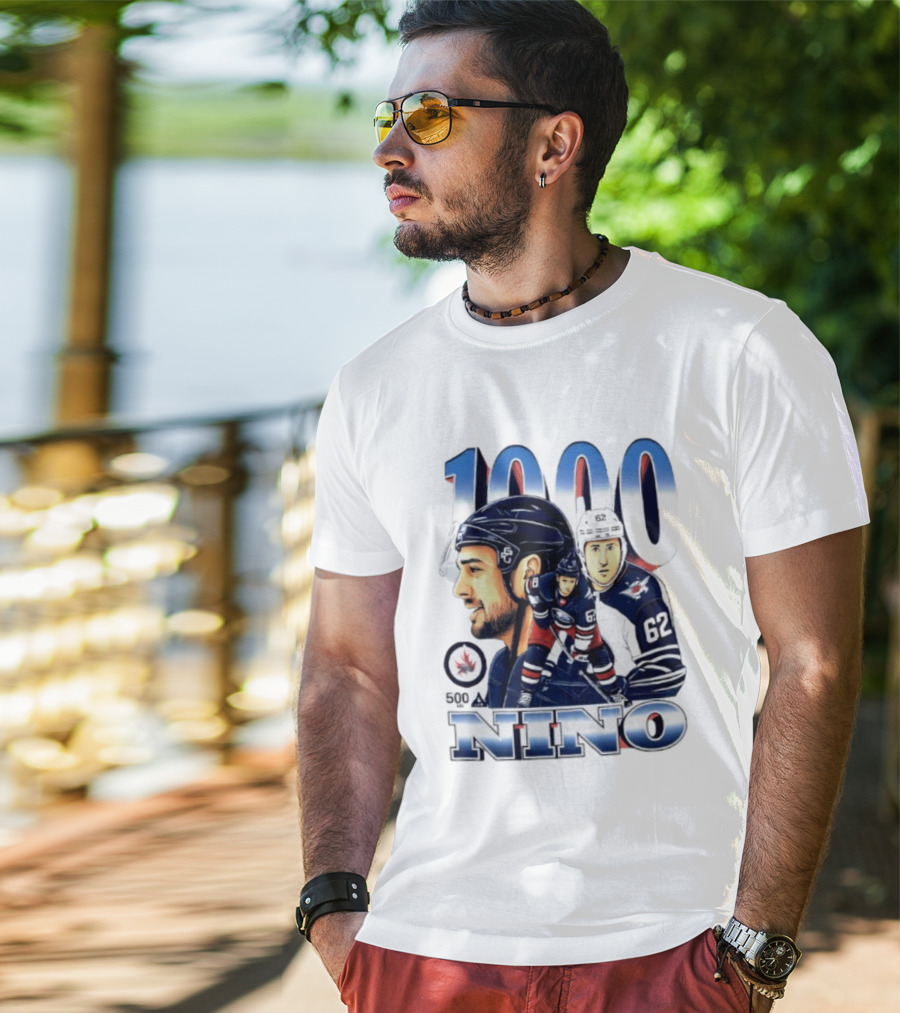 Nino 1000 Games Hockey Featuring Number 62 And Winnipeg Jets Colors T-Shirt