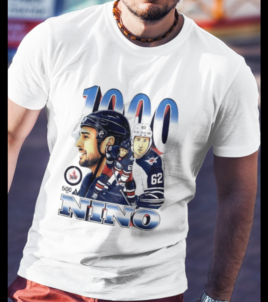 Nino 1000 Games Hockey Featuring Number 62 And Winnipeg Jets Colors T-Shirt