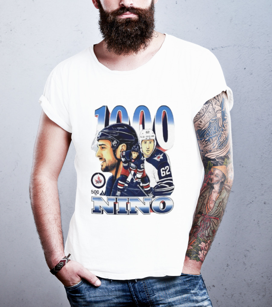 Nino 1000 Games Hockey Featuring Number 62 And Winnipeg Jets Colors T-Shirt