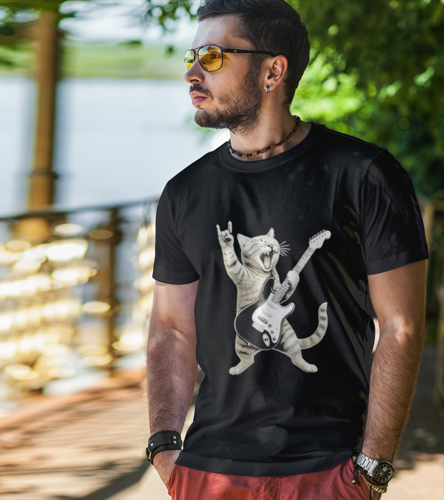 Funny Cat Playing Electric Guitar Rock And Roll Pose T-Shirt