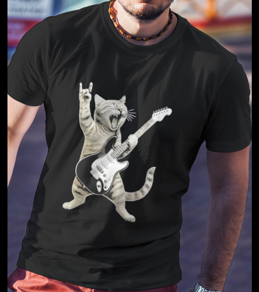 Funny Cat Playing Electric Guitar Rock And Roll Pose T-Shirt