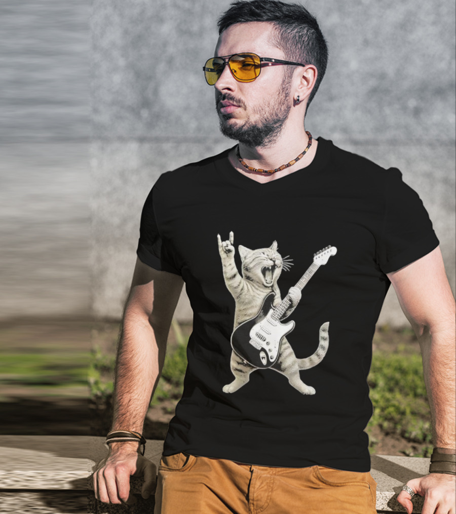 Funny Cat Playing Electric Guitar Rock And Roll Pose T-Shirt