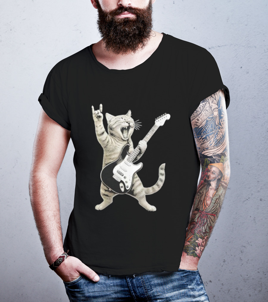 Funny Cat Playing Electric Guitar Rock And Roll Pose T-Shirt