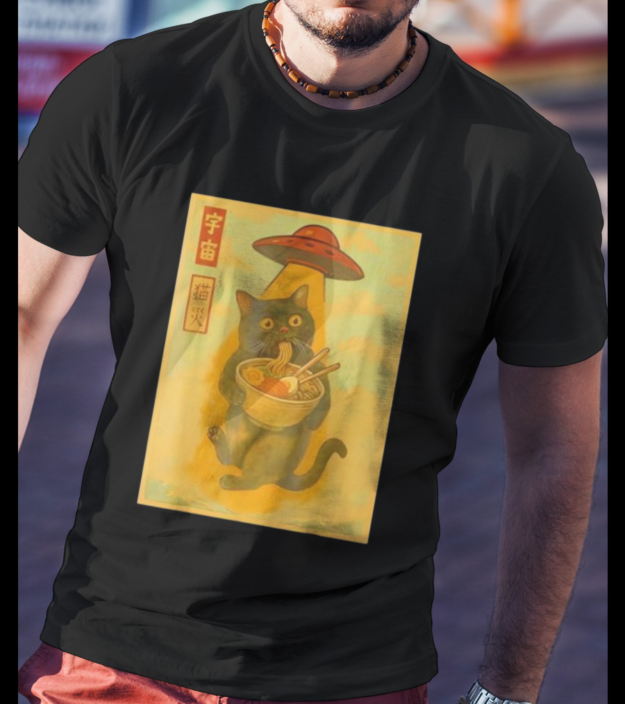 Funny Cat Ramen UFO Japanese Anime Kawaii Noodles T-Shirt