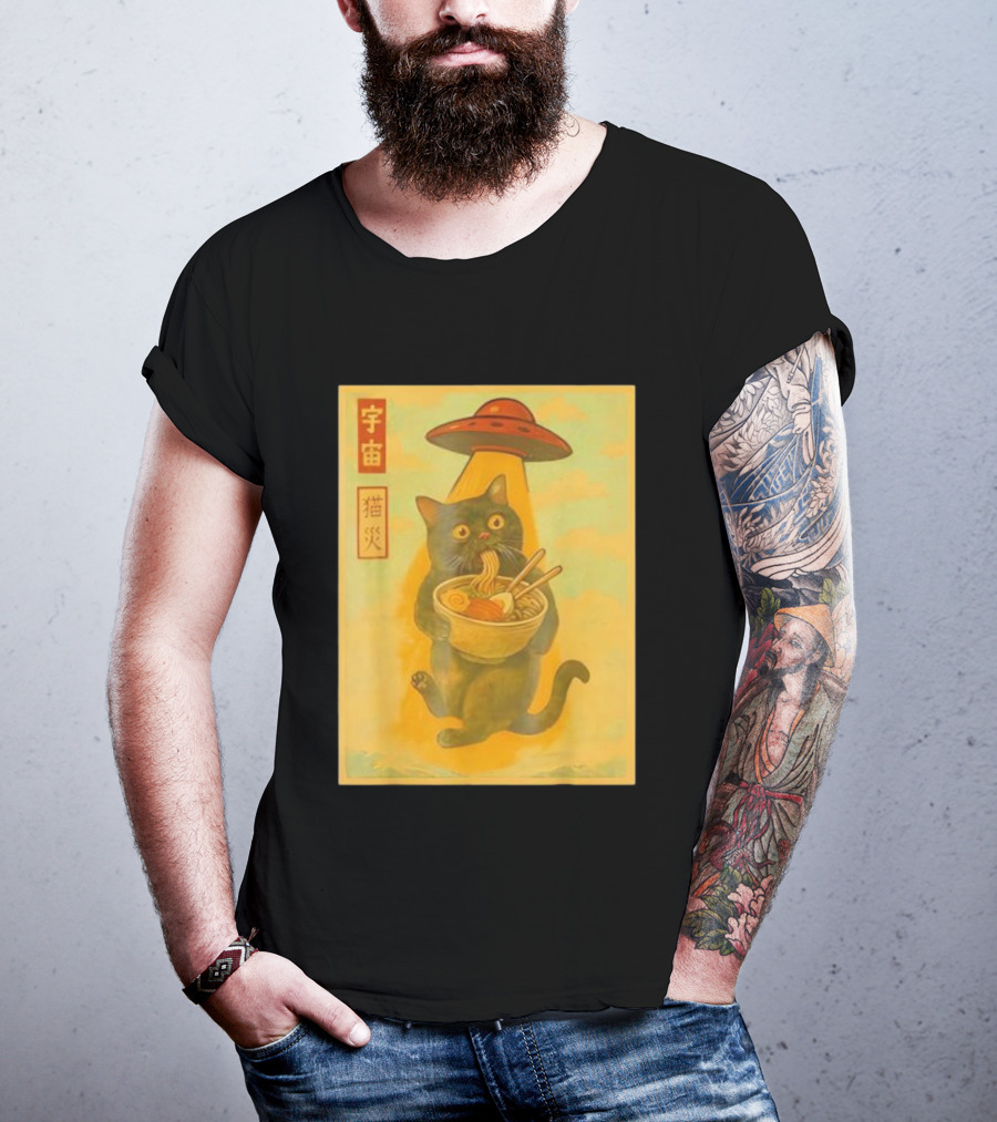 Funny Cat Ramen UFO Japanese Anime Kawaii Noodles T-Shirt