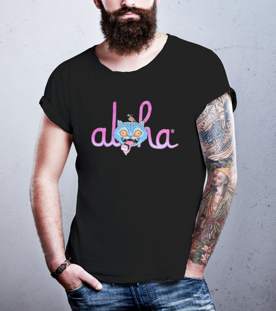 Aloha Derpy Tiger Blue Cat With Bird And Ice Cream T-Shirt