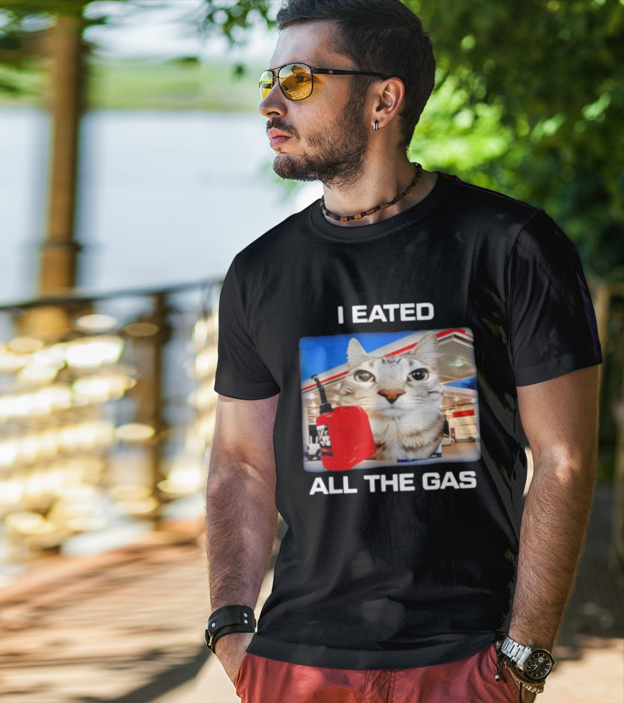 I Eated All The Gas Silly Staring Cat Meme With Fuel Station Background T-Shirt