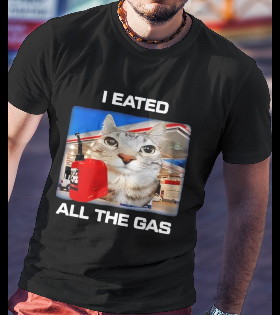 I Eated All The Gas Silly Staring Cat Meme With Fuel Station Background T-Shirt