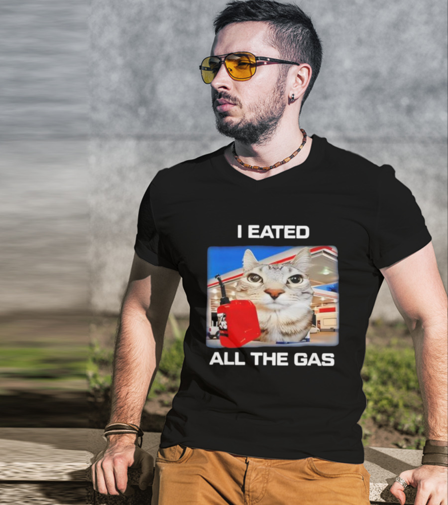 I Eated All The Gas Silly Staring Cat Meme With Fuel Station Background T-Shirt