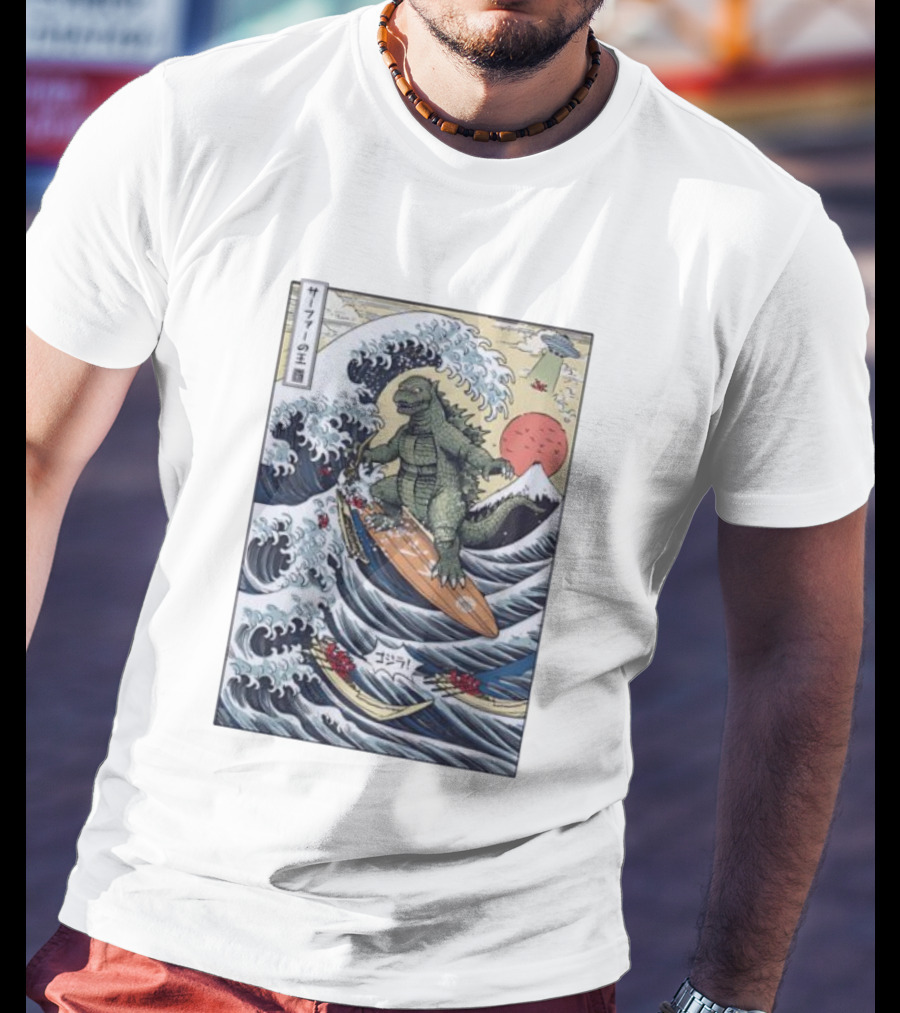 King Of Surfers Godzilla Riding The Great Wave Off Kanagawa Vintage Kaiju Scene T-Shirt