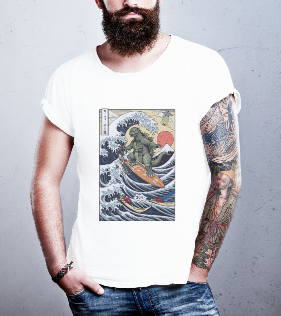 King Of Surfers Godzilla Riding The Great Wave Off Kanagawa Vintage Kaiju Scene T-Shirt