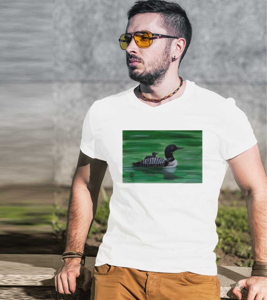 Common Loon With Baby On Back In Tranquil Green Waters T-Shirt