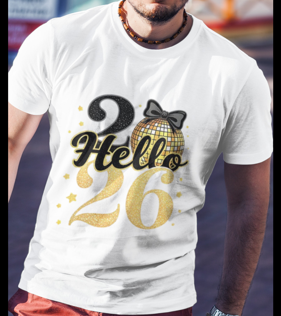 Hello 2026 Gold Glitter Bow Disco Ball Celebration T-Shirt