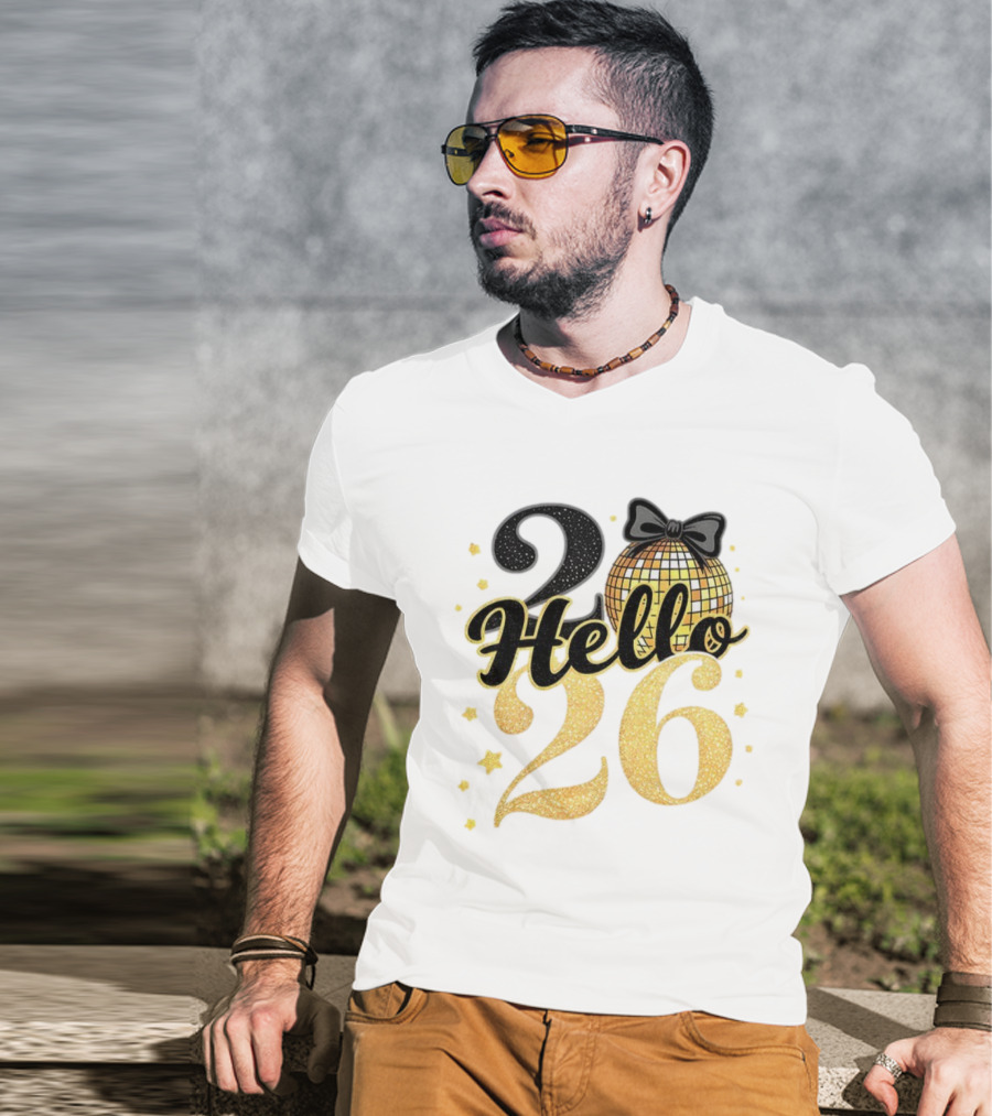 Hello 2026 Gold Glitter Bow Disco Ball Celebration T-Shirt