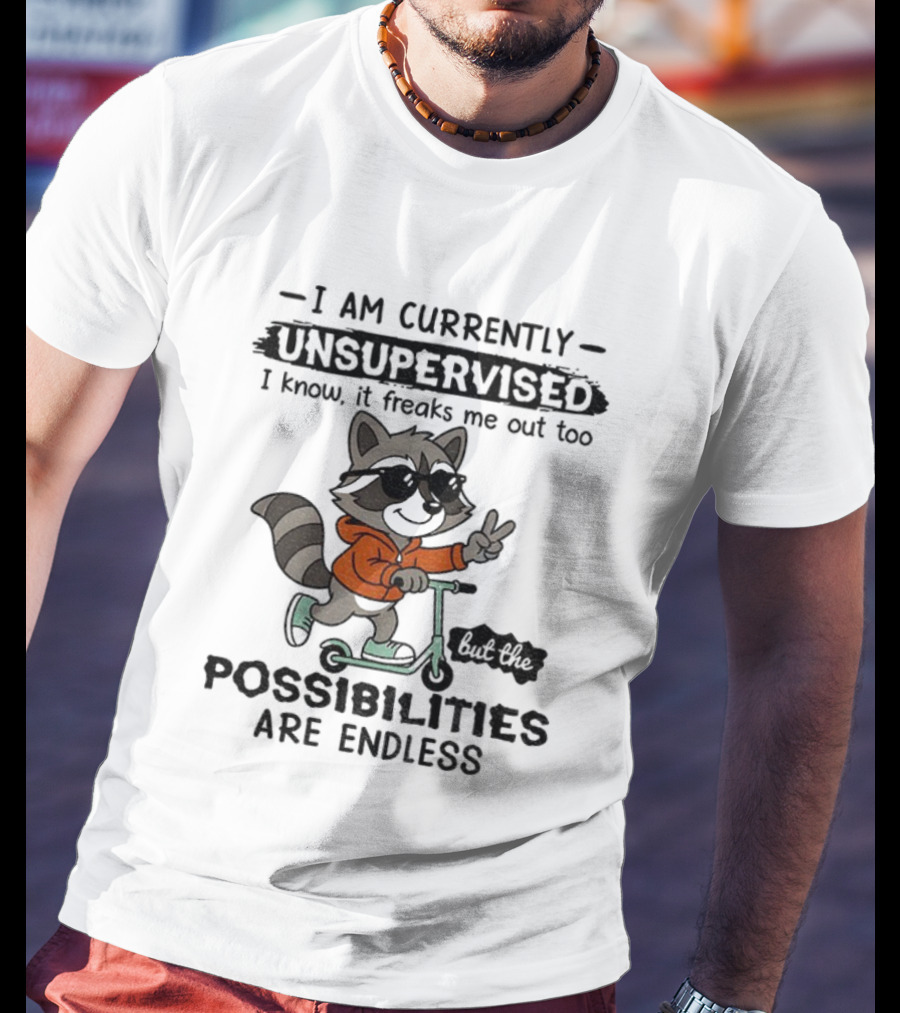 Raccoon Unsupervised Endless Possibilities Peace Sign Scooter Sunglasses Orange T-Shirt