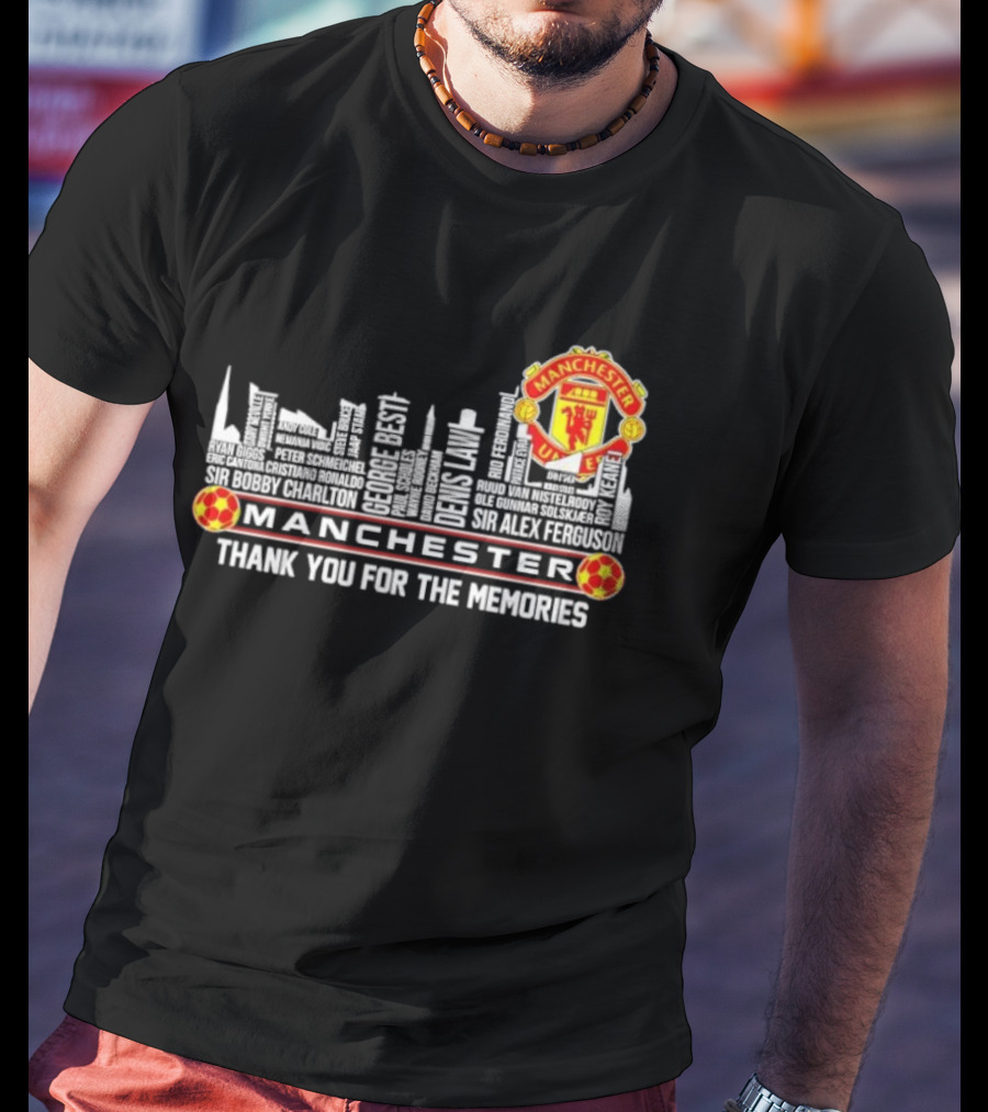 Manchester United Legends Beckham Rooney Sir Alex Ferguson Skyline Thank You For The Memories T-Shirt