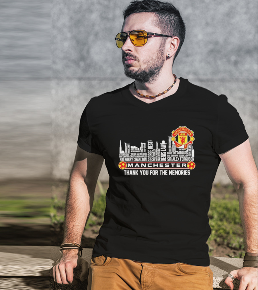 Manchester United Legends Beckham Rooney Sir Alex Ferguson Skyline Thank You For The Memories T-Shirt