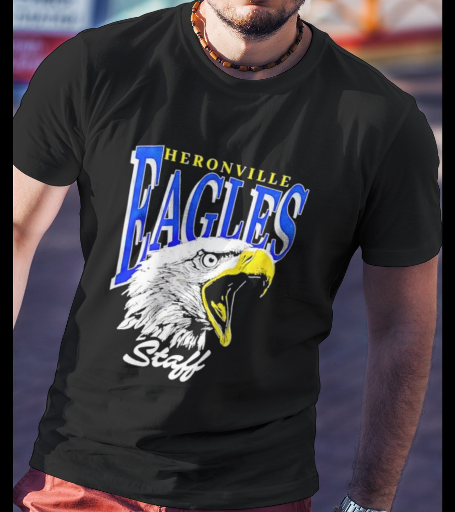 Heronville Eagles Staff Blue Bold Text White Eagle Design T-Shirt