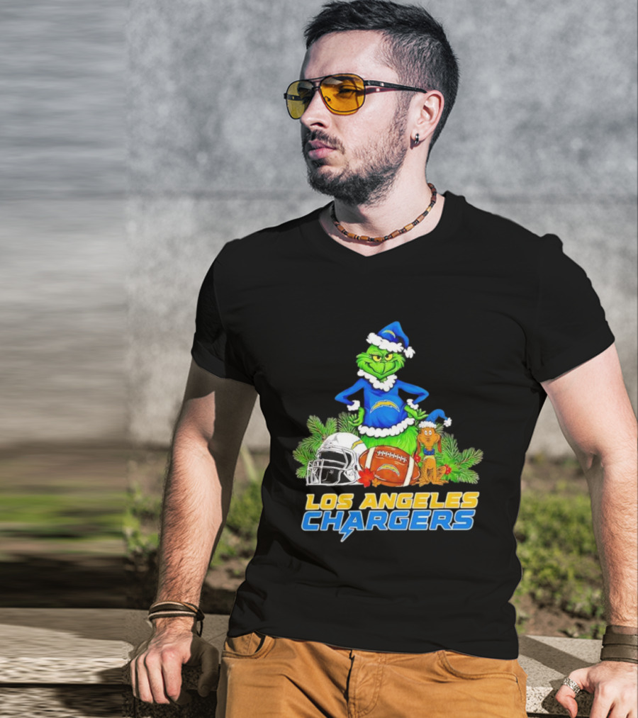 Los Angeles Chargers Christmas Grinch And Max Festive Helmet Football T-Shirt